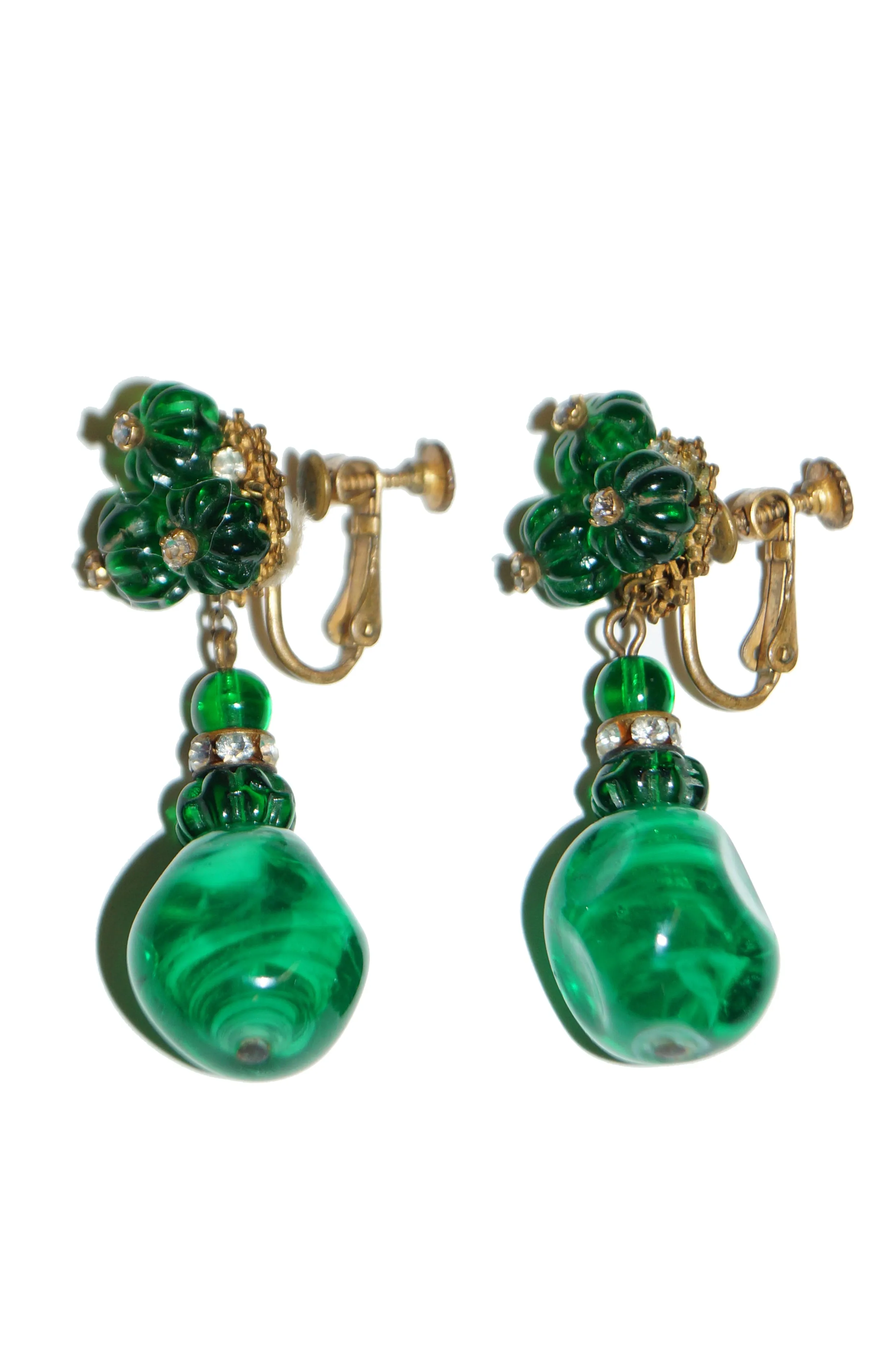 1950s Miriam Haskell Emerald Green Poured Glass and Rhinestone Drop Earrings