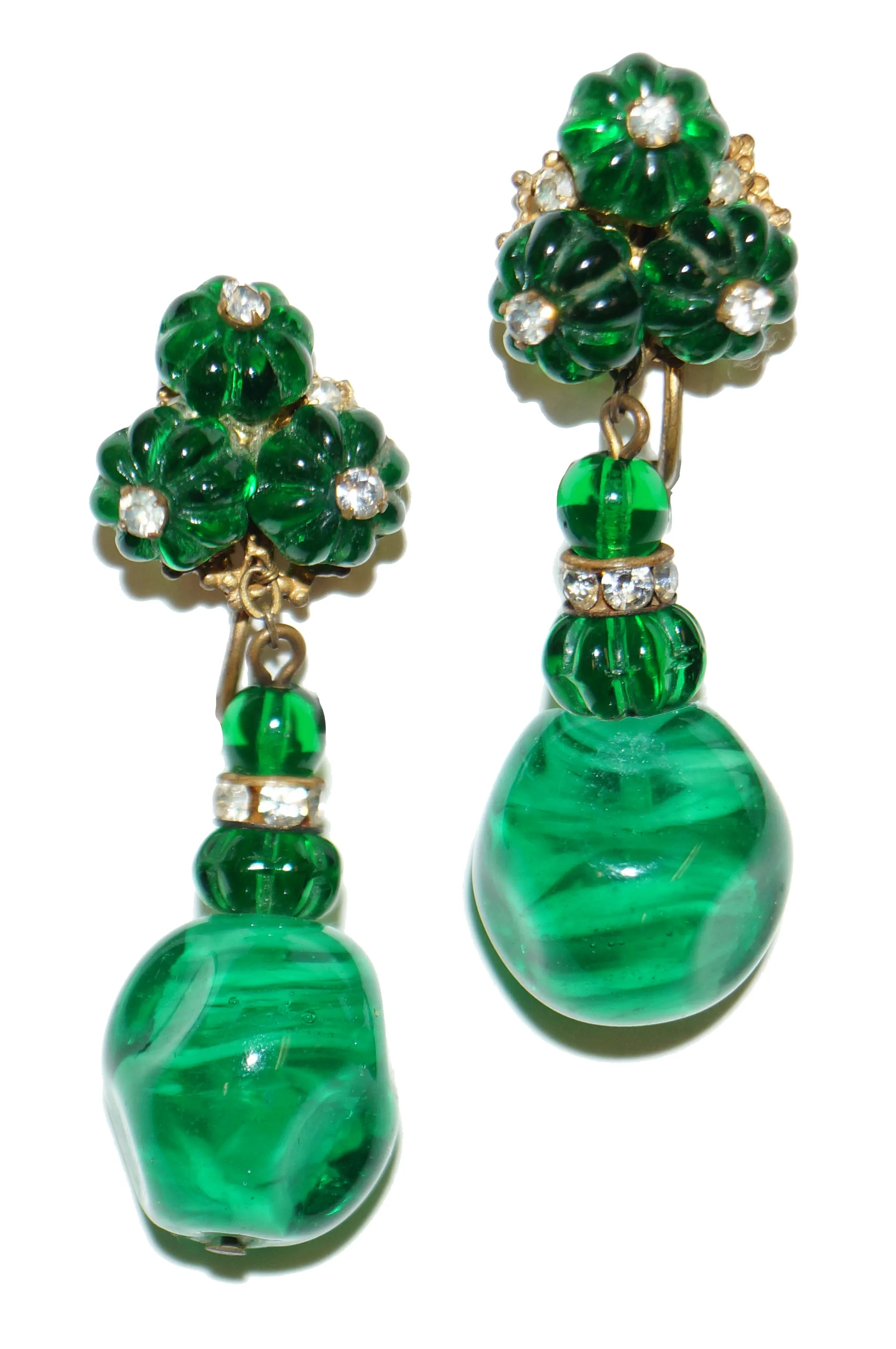 1950s Miriam Haskell Emerald Green Poured Glass and Rhinestone Drop Earrings