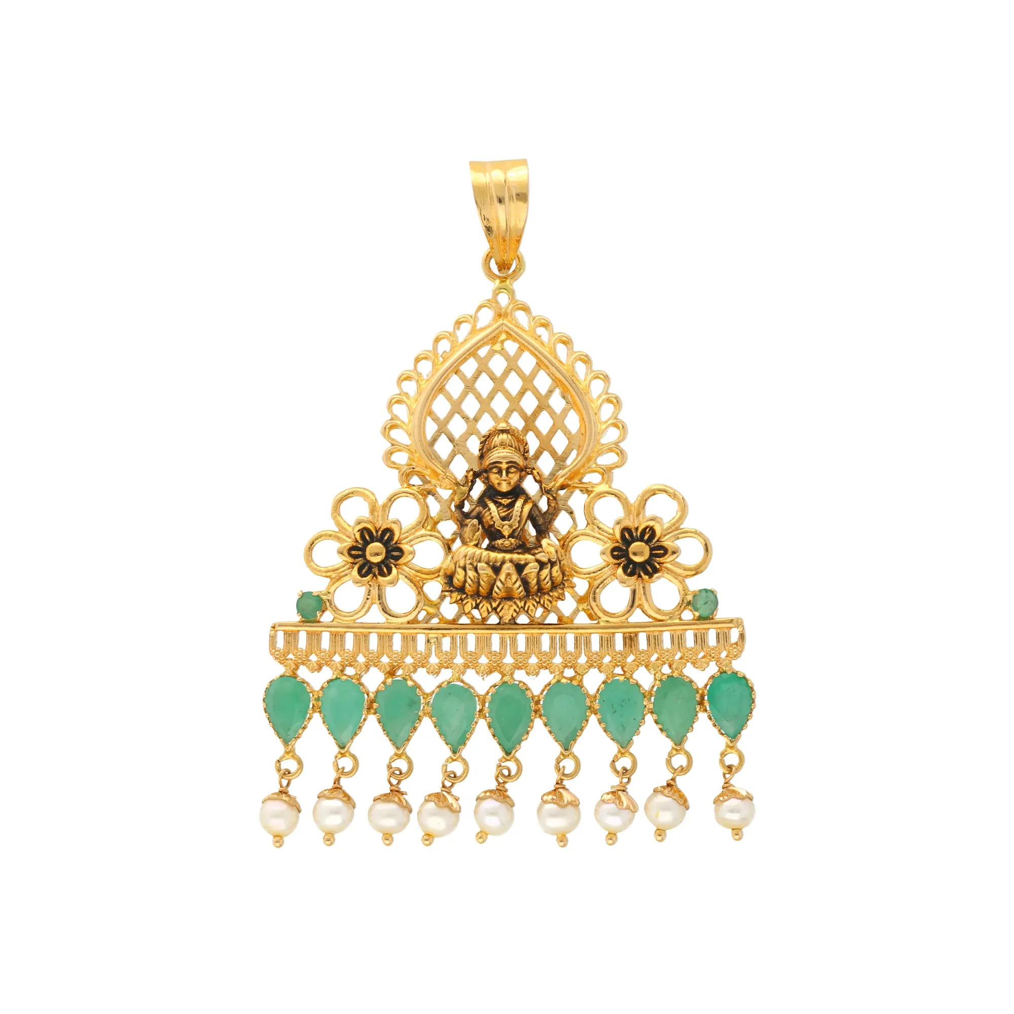 22K Yellow Gold, Emerald, & Pearl Pendant Set (21gm)