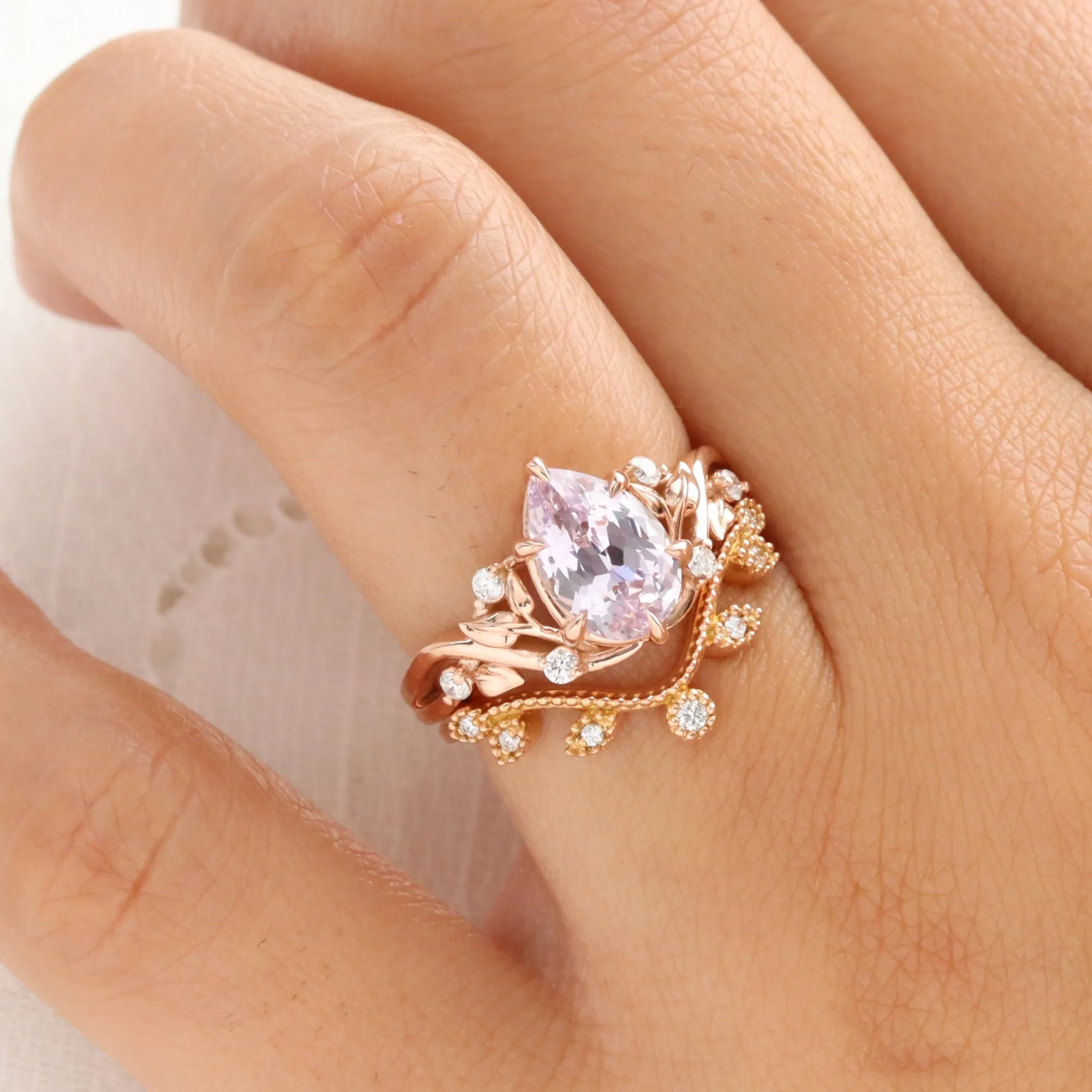 2.68 Ct Pear Lavender Sapphire Ring in 14k Rose Gold Floral Leaf Diamond Size 6.75