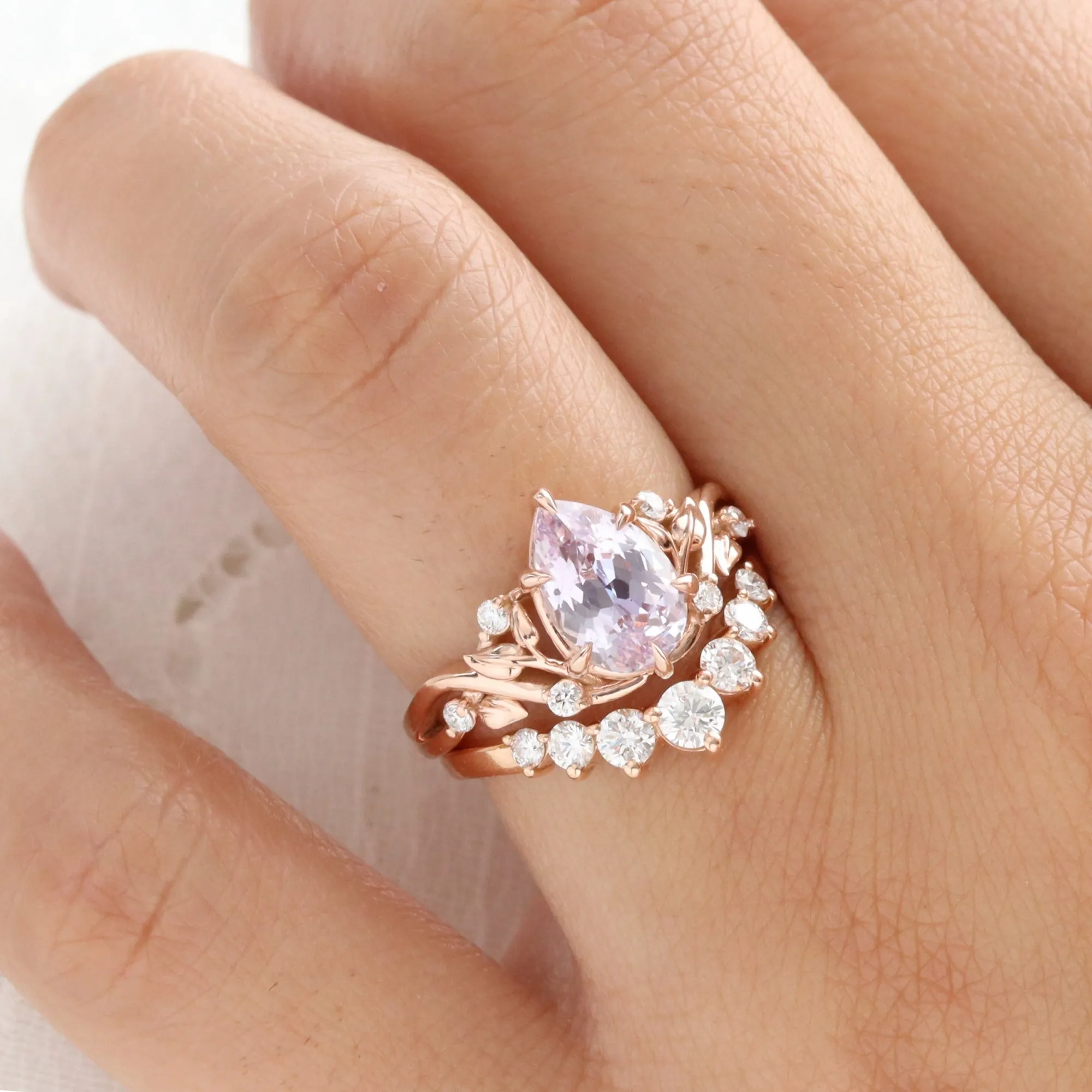 2.68 Ct Pear Lavender Sapphire Ring in 14k Rose Gold Floral Leaf Diamond Size 6.75