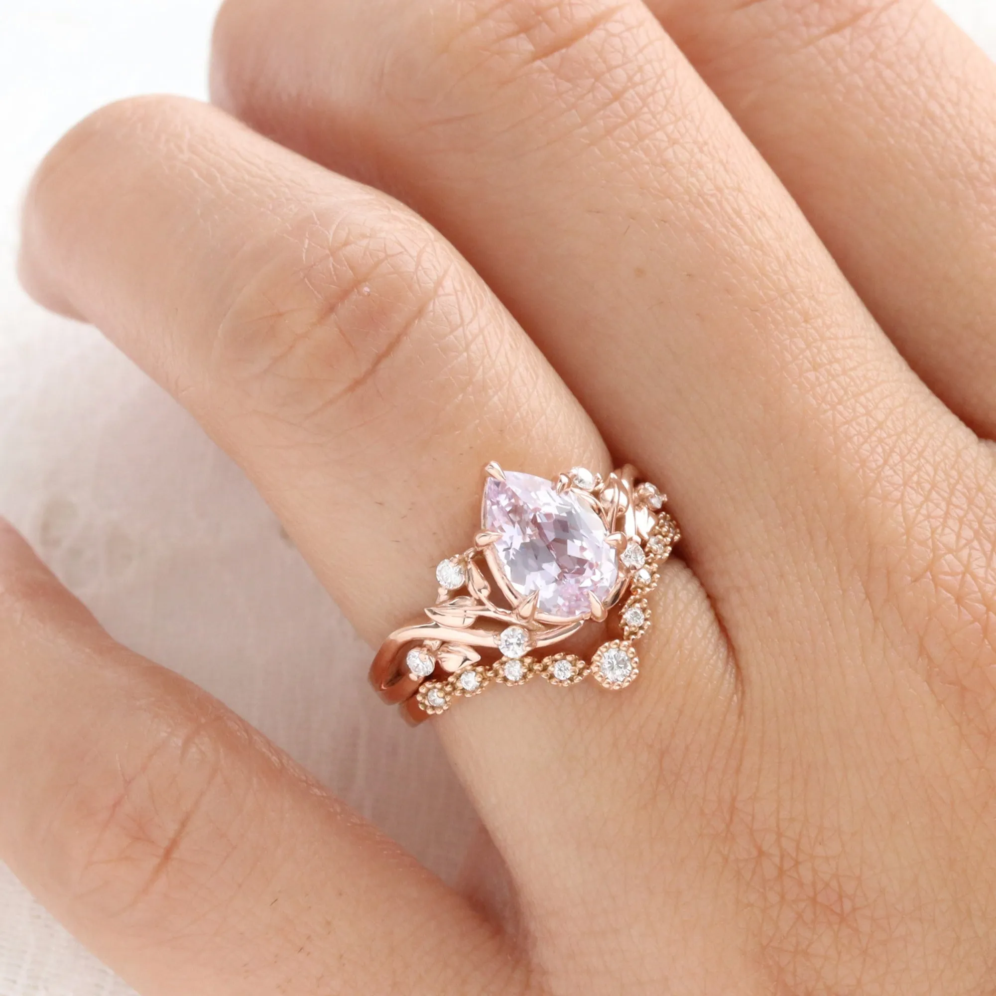 2.68 Ct Pear Lavender Sapphire Ring in 14k Rose Gold Floral Leaf Diamond Size 6.75