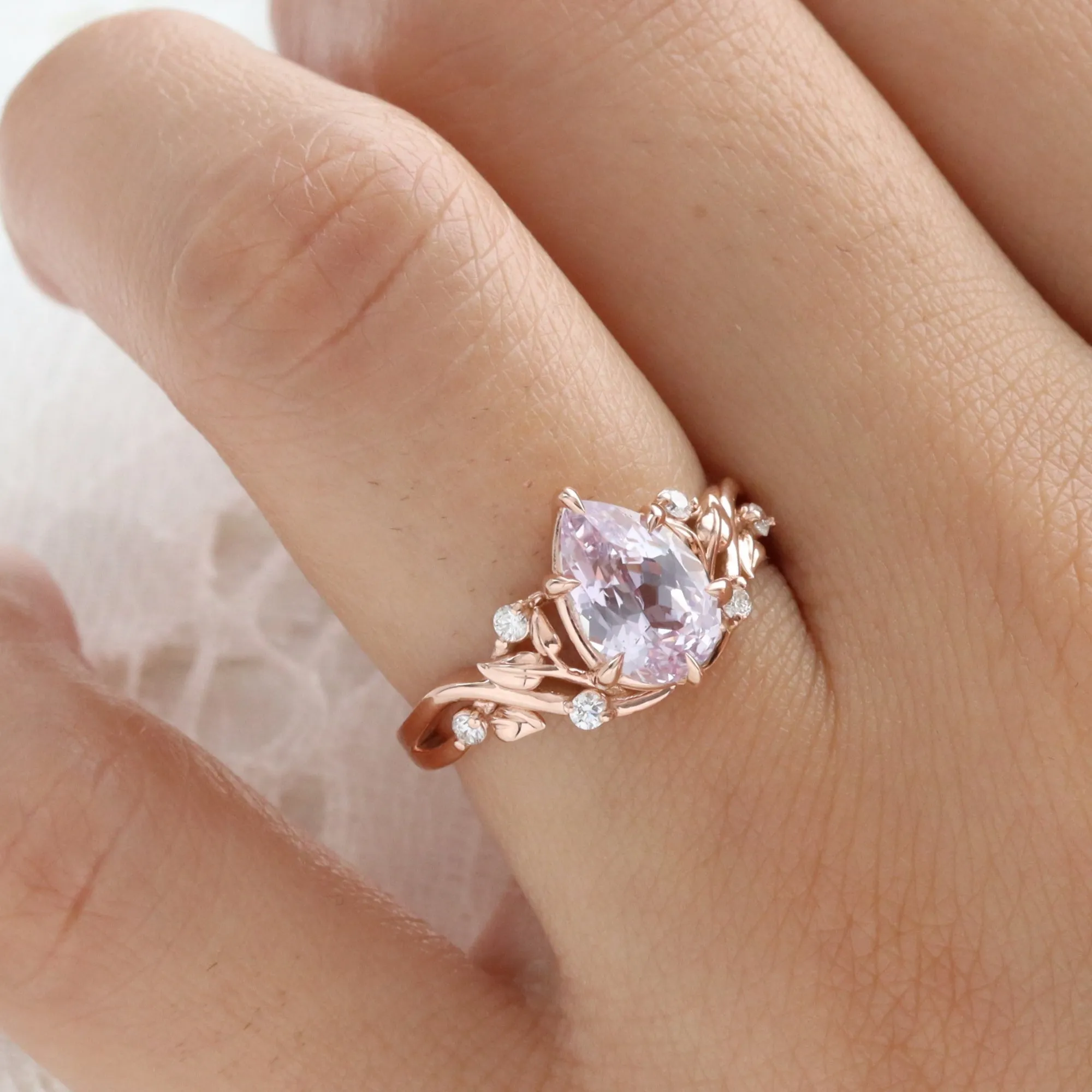 2.68 Ct Pear Lavender Sapphire Ring in 14k Rose Gold Floral Leaf Diamond Size 6.75