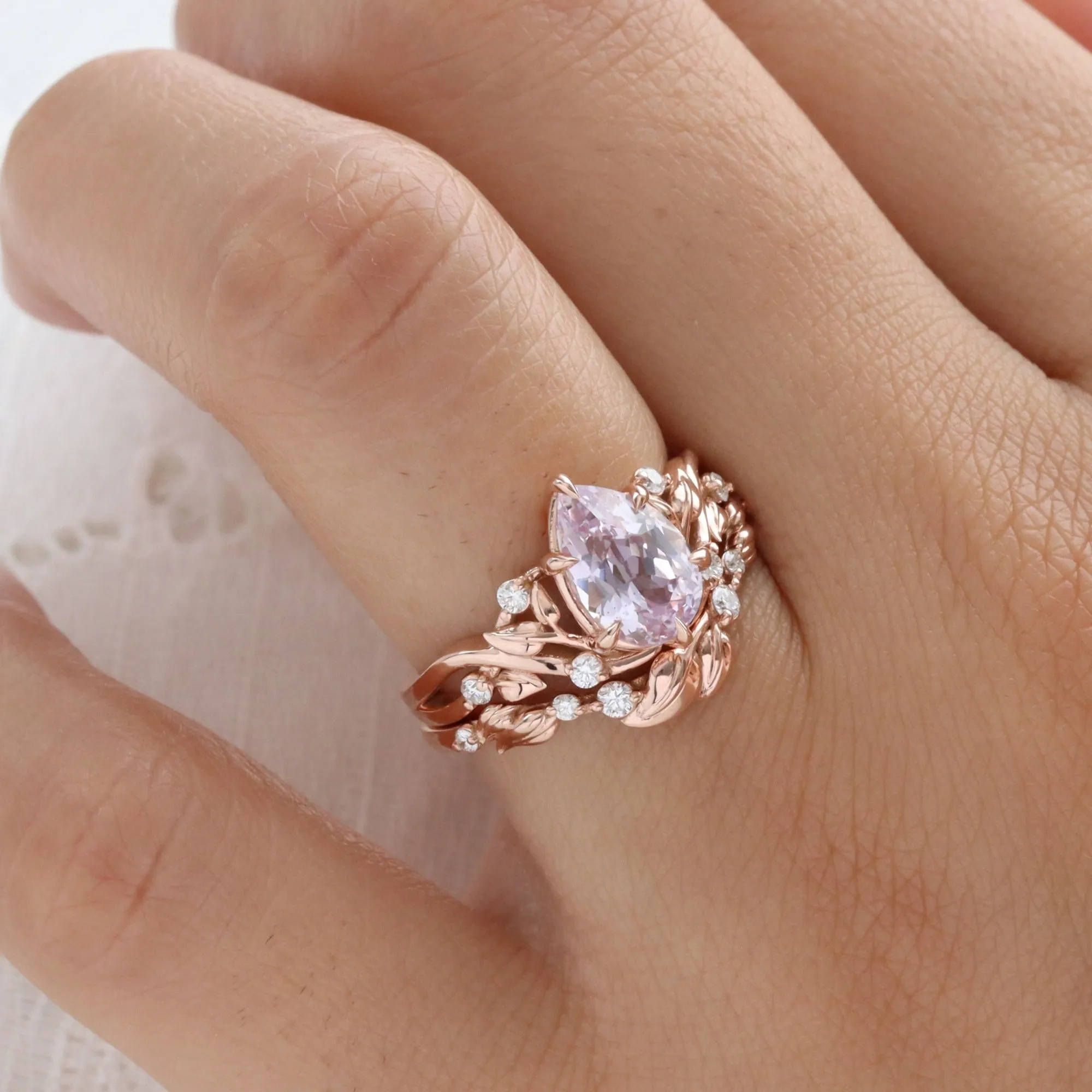 2.68 Ct Pear Lavender Sapphire Ring in 14k Rose Gold Floral Leaf Diamond Size 6.75