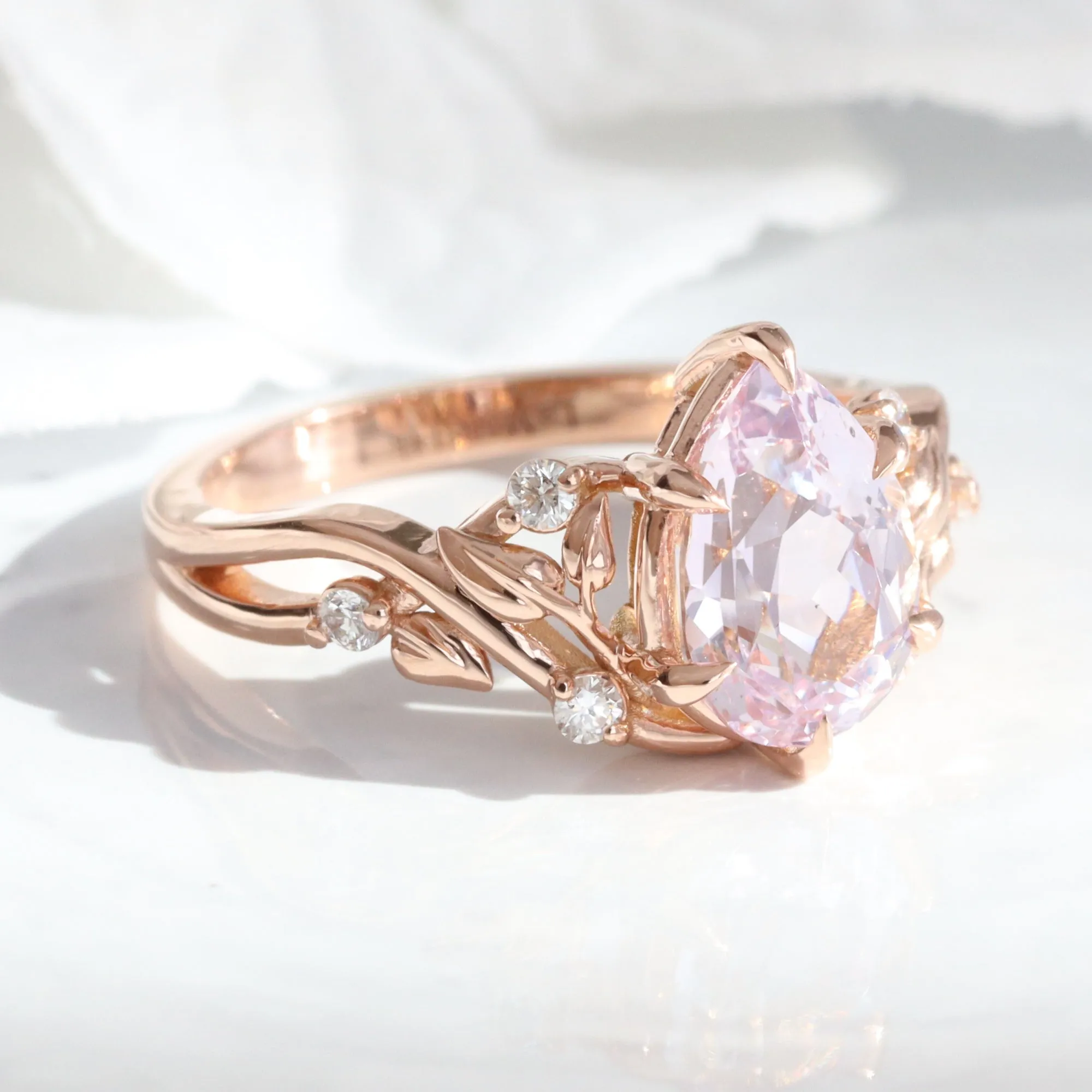 2.68 Ct Pear Lavender Sapphire Ring in 14k Rose Gold Floral Leaf Diamond Size 6.75