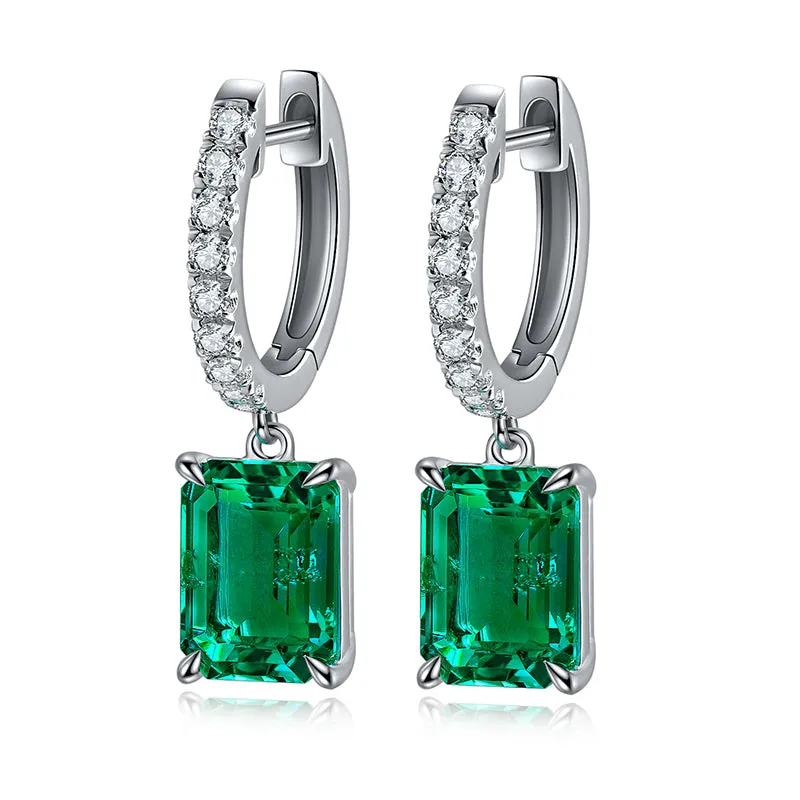 2.75 Carat Rectangular Lab Created Emerald Pendant in Sterling Silver Plated Platinum Hoop Earrings