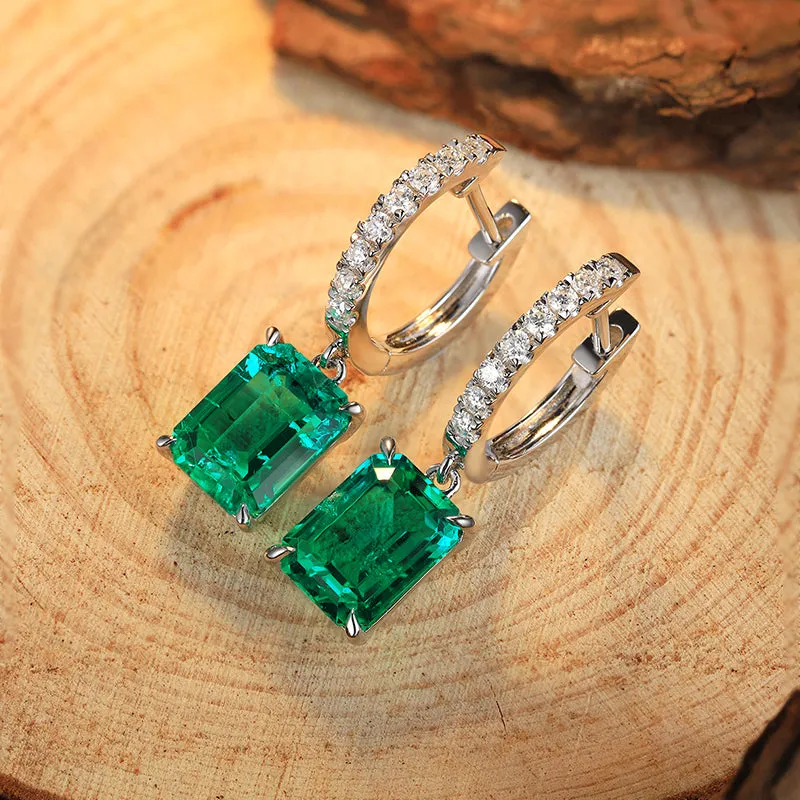 2.75 Carat Rectangular Lab Created Emerald Pendant in Sterling Silver Plated Platinum Hoop Earrings