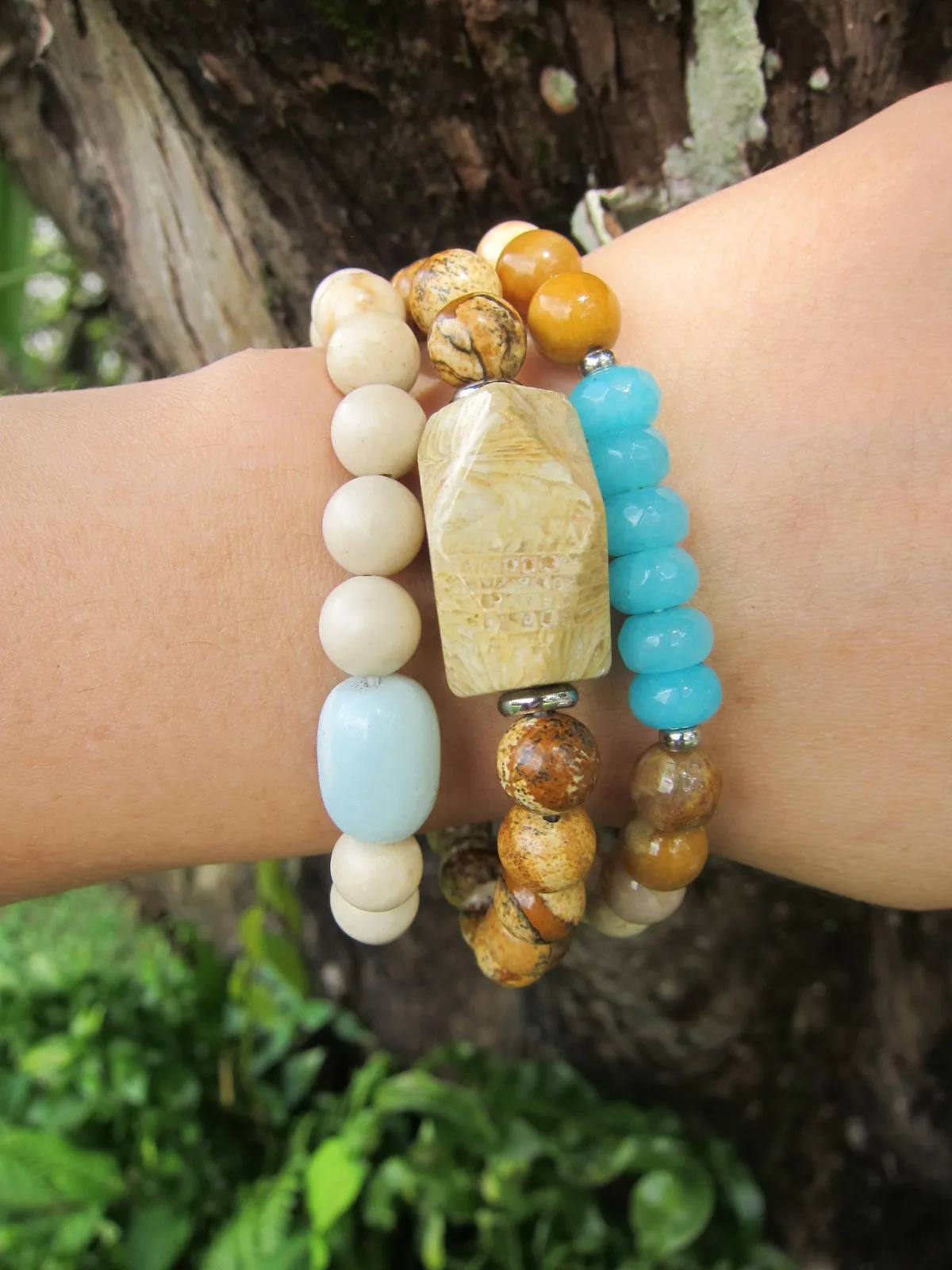 3 piece set - River Stone, Fossil Coral, Teal Blue Jade Mala Bracelets