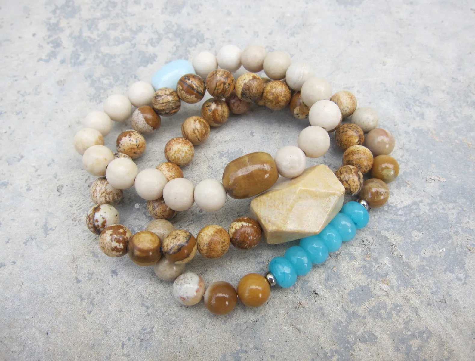 3 piece set - River Stone, Fossil Coral, Teal Blue Jade Mala Bracelets