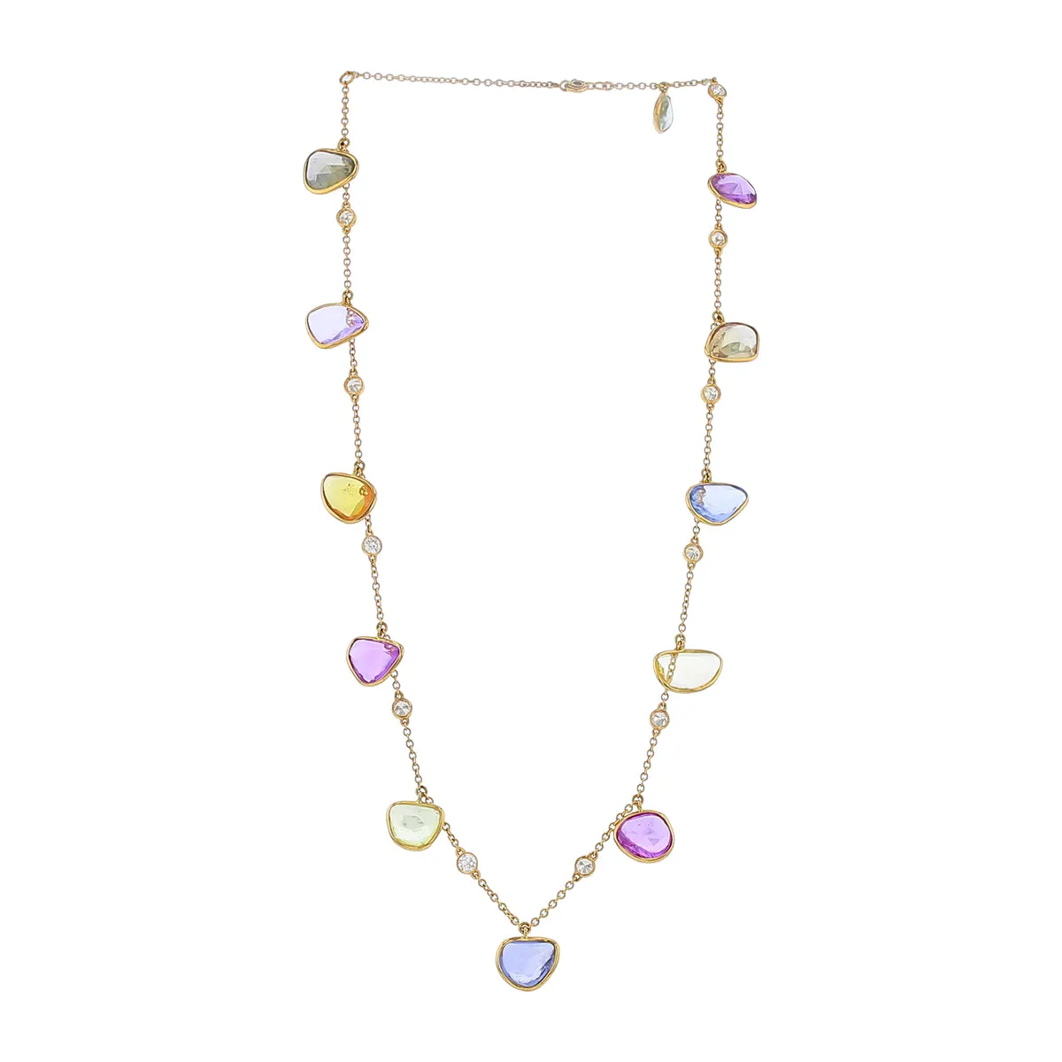 30.48Ct Multi-Color Sapphire and 1.65Ct Diamond Necklace in 18k Rose gold, 17-15in adj