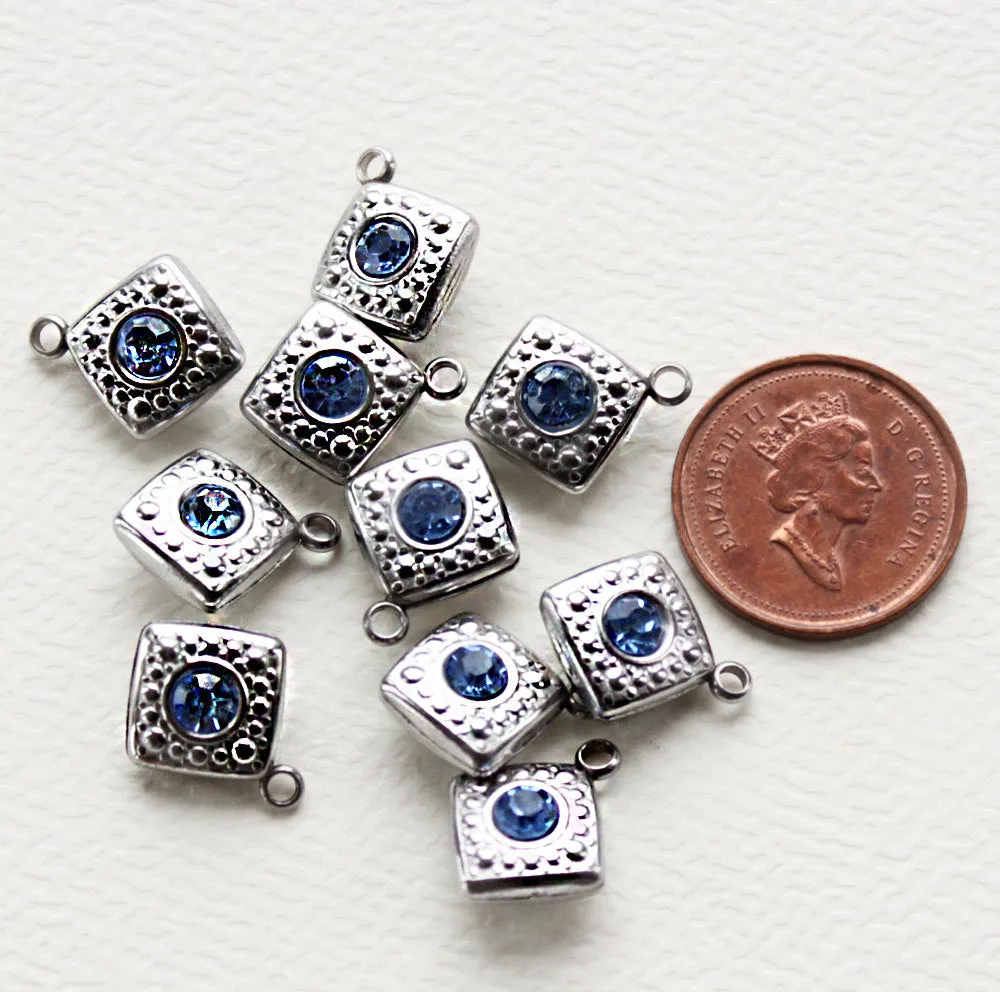 5 Stainless Steel Turquoise Rhinestone Charm Pendants Two Sided - MT005