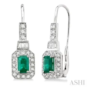 6x4 MM Emerald Shape Emerald and 1/2 Ctw Baguette and Round Cut Diamond Earrings in 14K White Gold