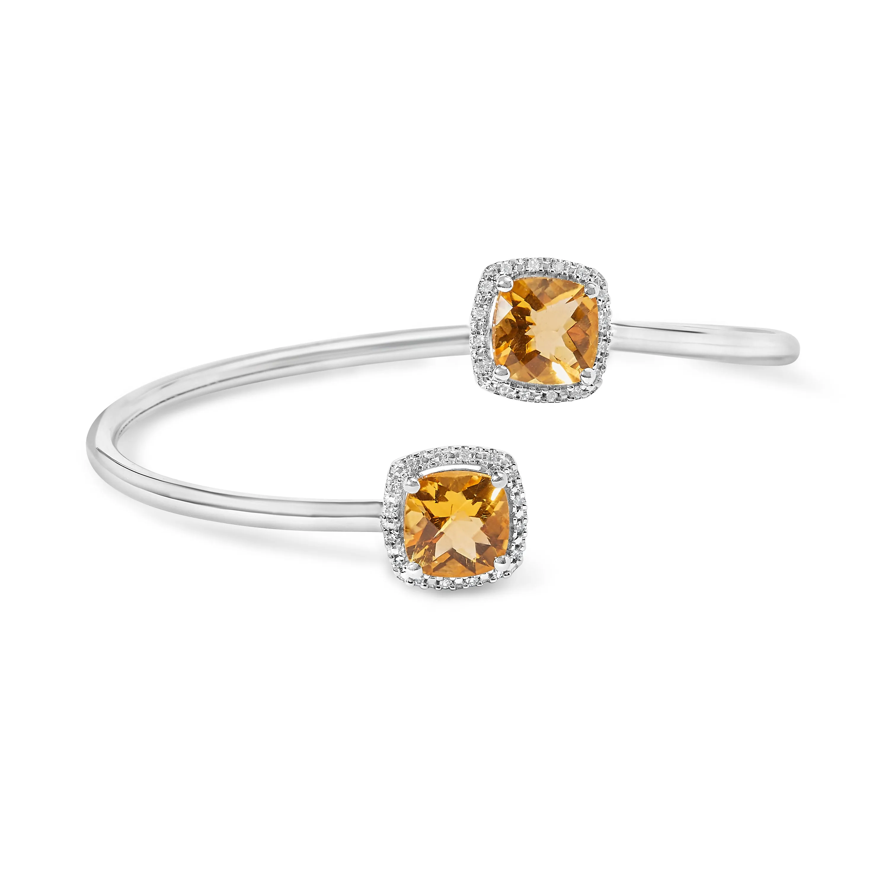 .925 Sterling Silver 8mm Cushion Cut Yellow Citrine Gemstone and Diamond Accent Split Bypass Bangle Bracelet