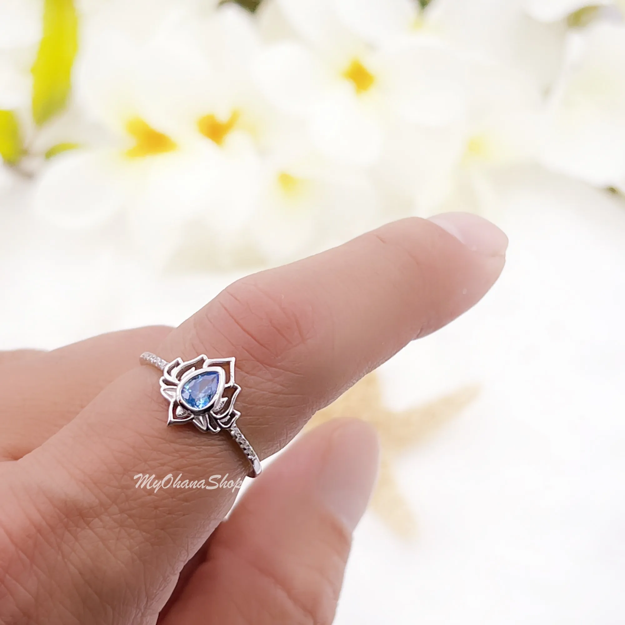 925 Sterling Silver Lotus Ring With Blue Tear Drop CZ For Girls, Women. Zen, Peace, Serenity, Nature, Buddhist, Enlightened Meditation Ring