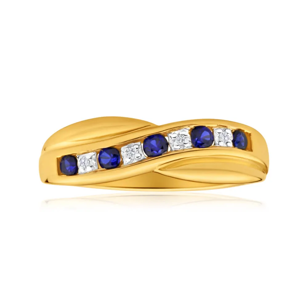 9ct Dazzling Yellow Gold Created Sapphire   Diamond Ring