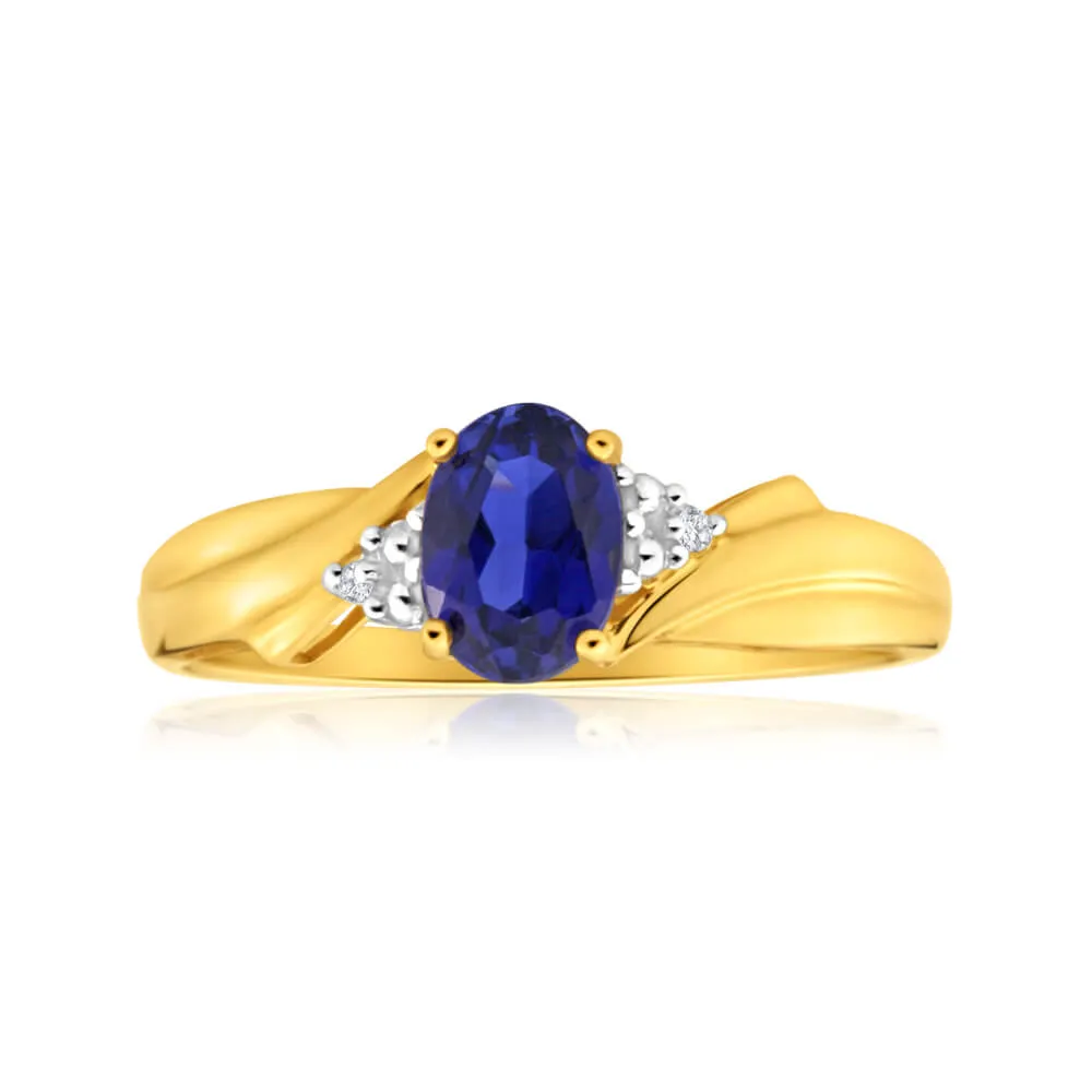 9ct Gorgeous Yellow Gold Created Sapphire   Diamond Ring