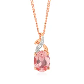 9ct Rose Gold Created Peach Sapphire & Diamond Pendant