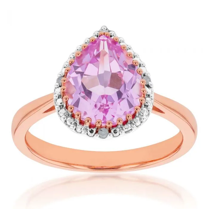 9ct Rose Gold Created Peach Sapphire and Diamond Pear Cut Ring