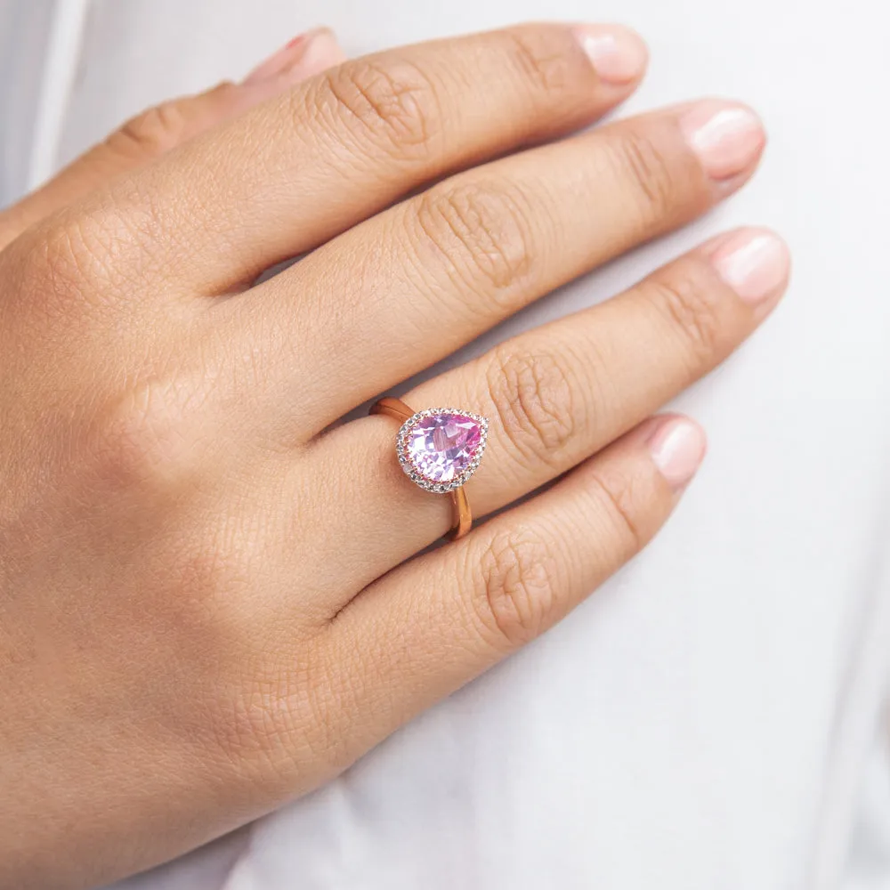 9ct Rose Gold Created Peach Sapphire and Diamond Pear Cut Ring