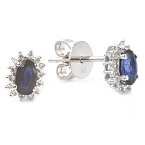 9ct White Gold Blue Sapphire and Diamond Custer Earrings