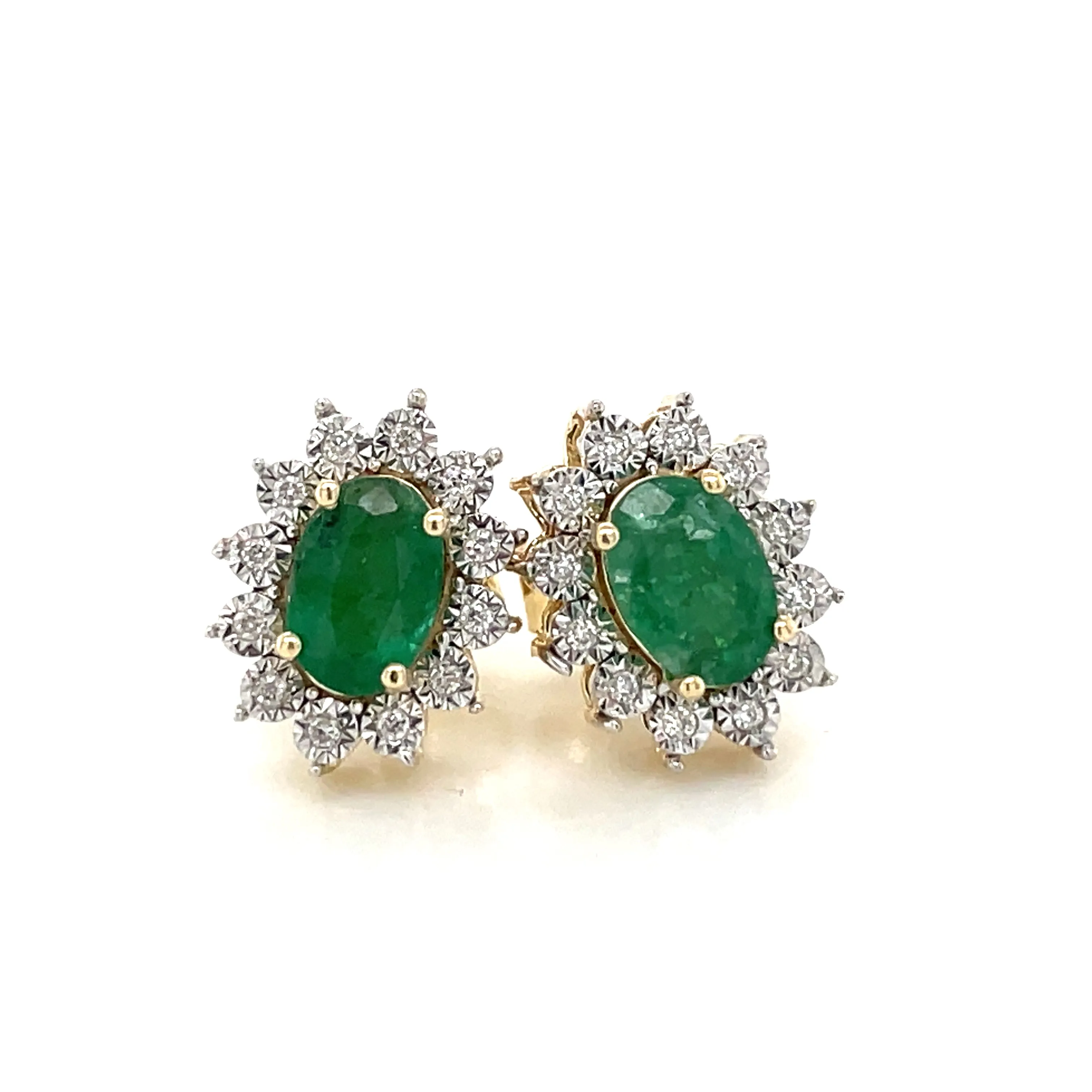 9ct Yellow Gold Earth Grown Oval Emerald & Diamond Cluster Halo Stud Earrings