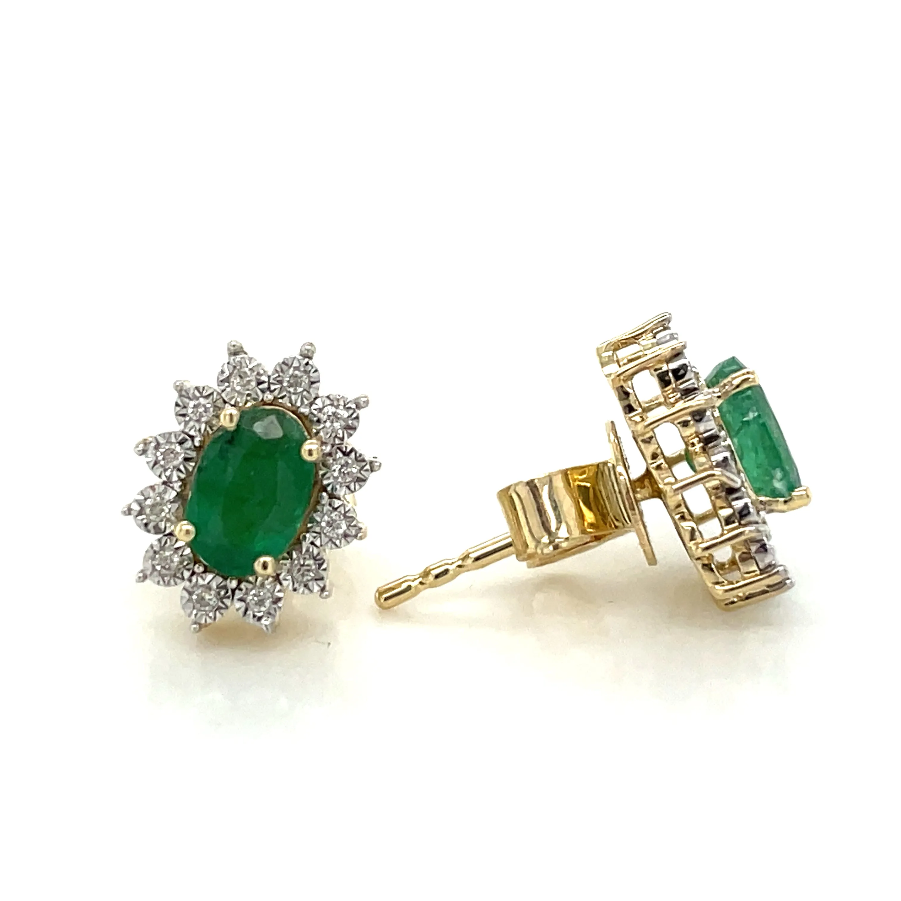 9ct Yellow Gold Earth Grown Oval Emerald & Diamond Cluster Halo Stud Earrings