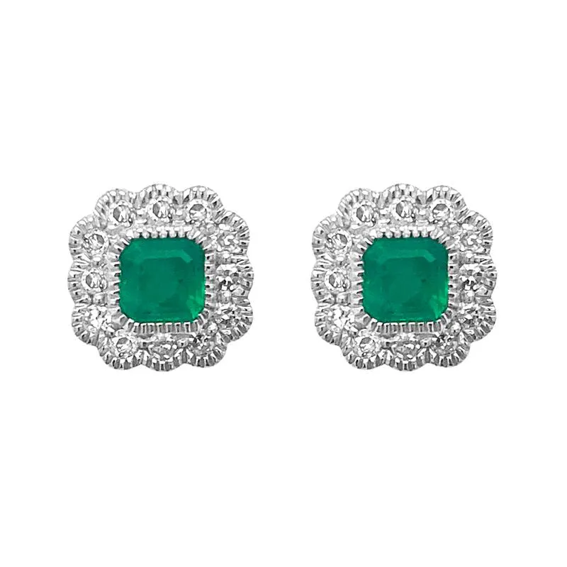 9K White Gold Emerald & Diamond Stud Earrings