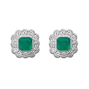 9K White Gold Emerald & Diamond Stud Earrings