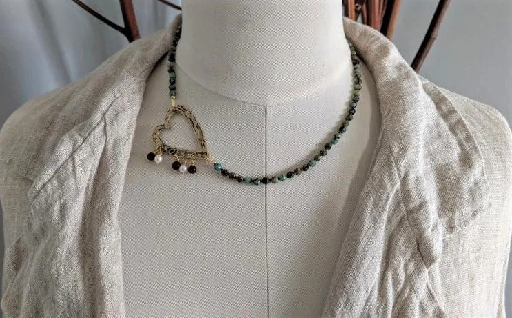 African Turquoise & Garnet Heart Necklace