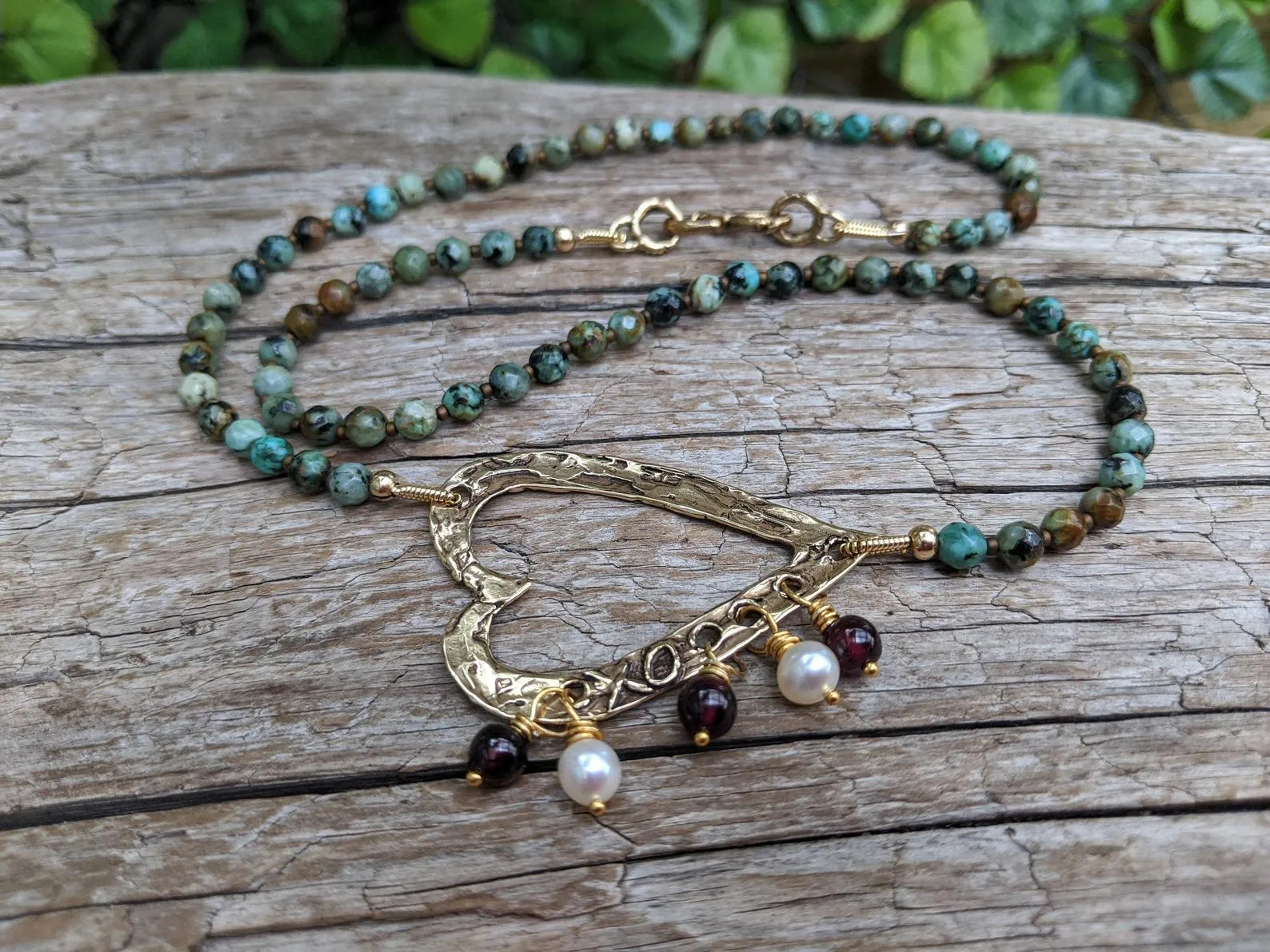 African Turquoise & Garnet Heart Necklace