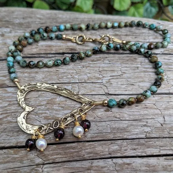 African Turquoise & Garnet Heart Necklace