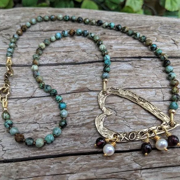 African Turquoise & Garnet Heart Necklace