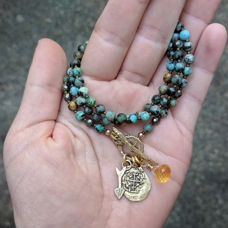 African Turquoise Spanish Coin&Citrine Pendant Necklace-Bracelet 2in1