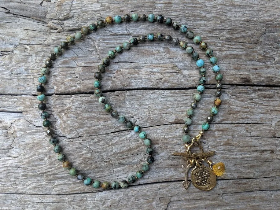 African Turquoise Spanish Coin&Citrine Pendant Necklace-Bracelet 2in1