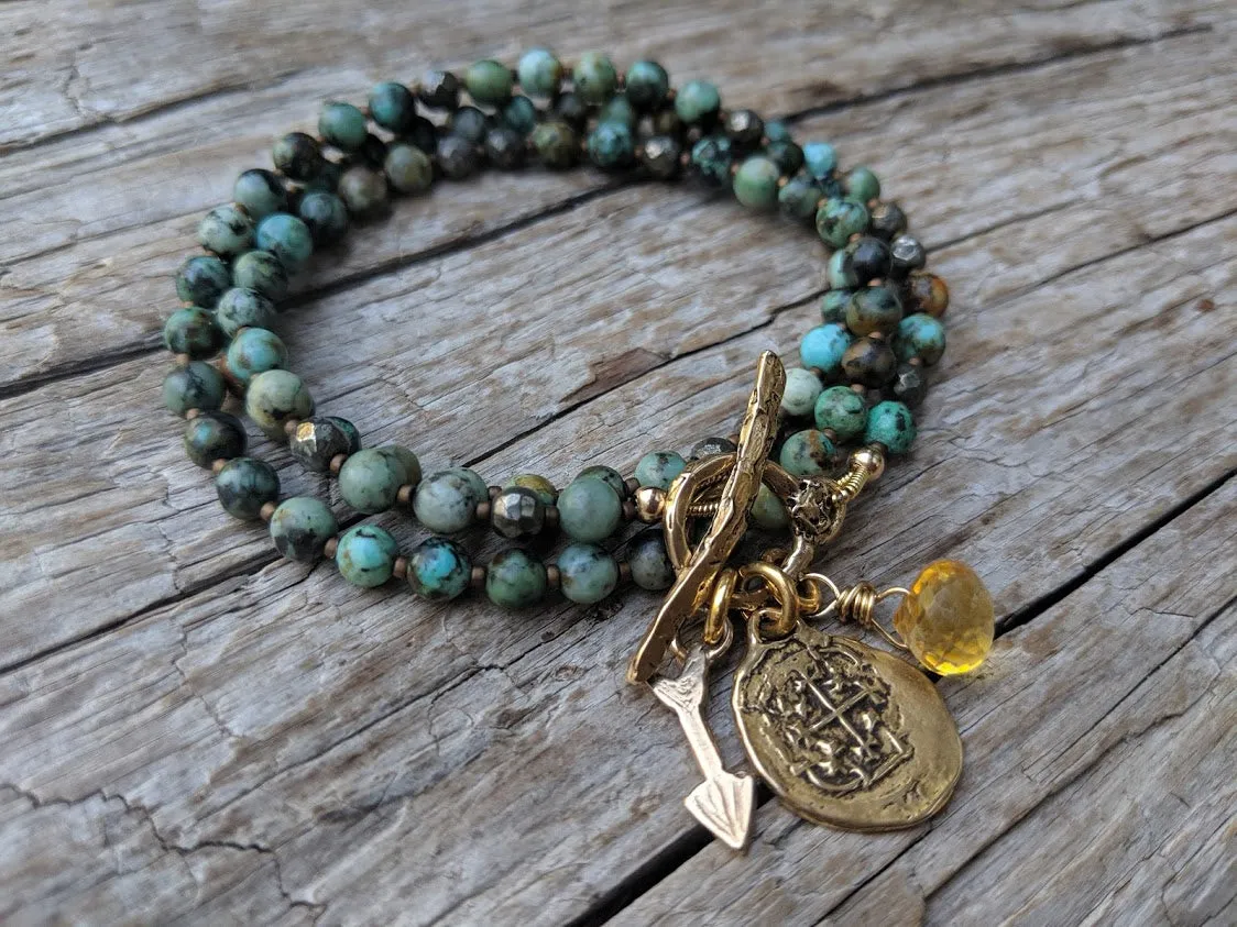 African Turquoise Spanish Coin&Citrine Pendant Necklace-Bracelet 2in1