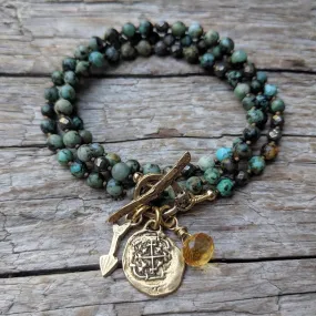 African Turquoise Spanish Coin&Citrine Pendant Necklace-Bracelet 2in1