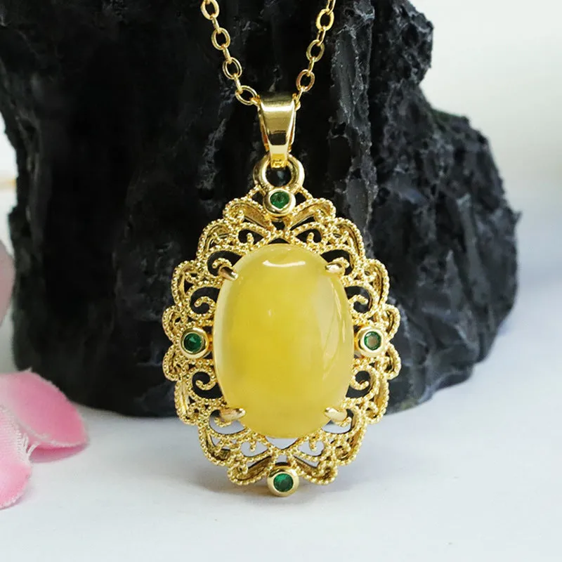 Amber Beeswax Golden Pendant with Zircon Accent in Palace Style Jewelry