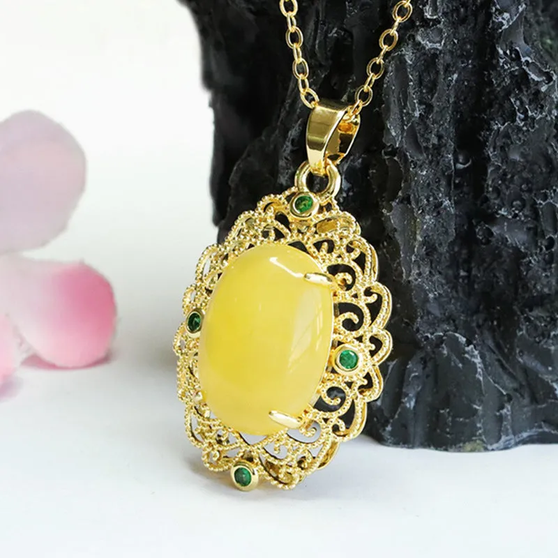 Amber Beeswax Golden Pendant with Zircon Accent in Palace Style Jewelry