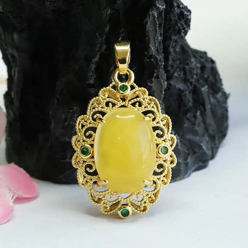 Amber Beeswax Golden Pendant with Zircon Accent in Palace Style Jewelry