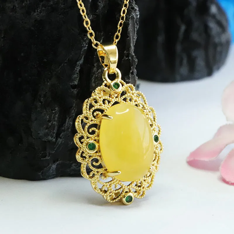 Amber Beeswax Golden Pendant with Zircon Accent in Palace Style Jewelry