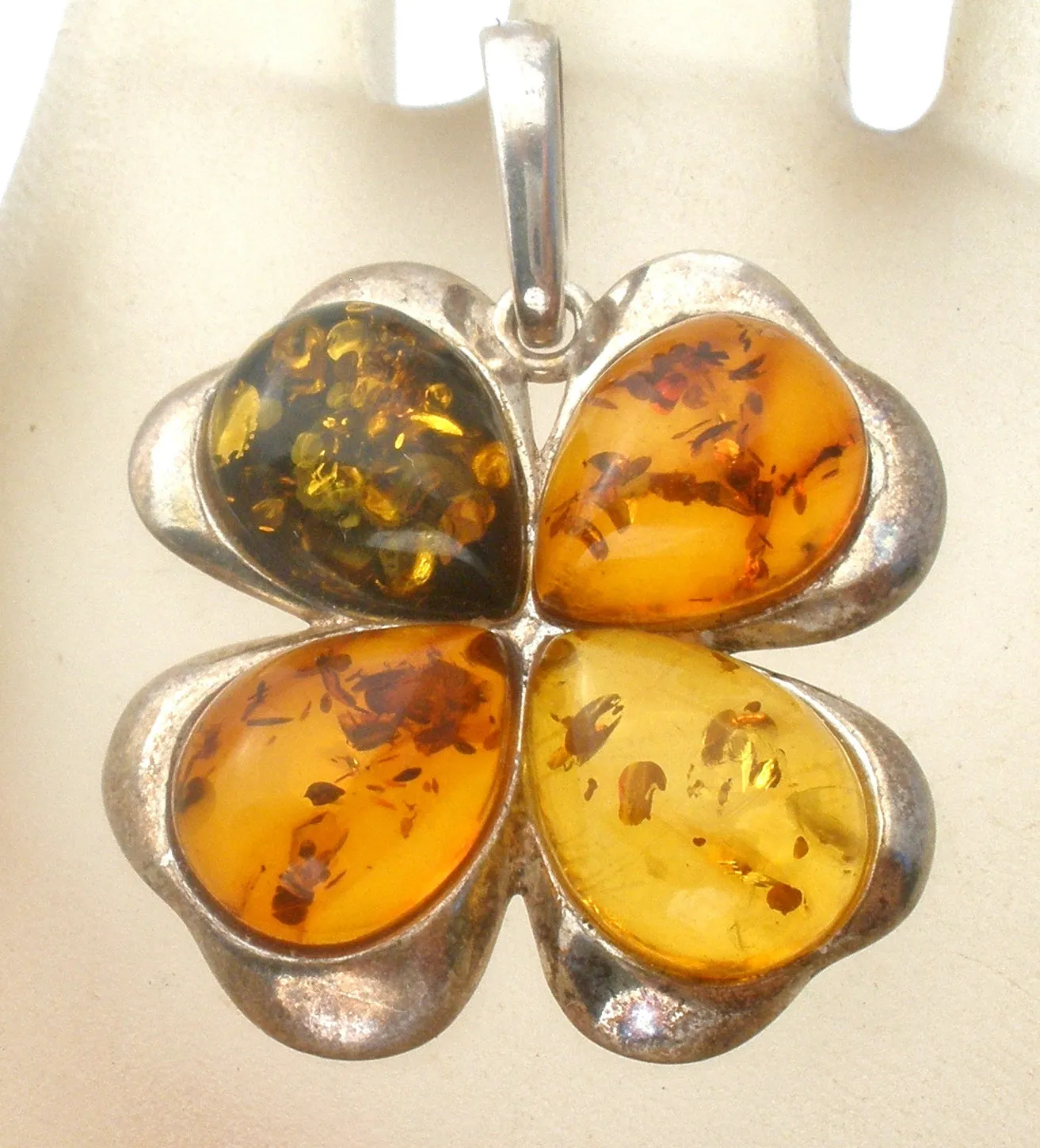 Amber Four Leaf Clover Pendant Sterling Silver