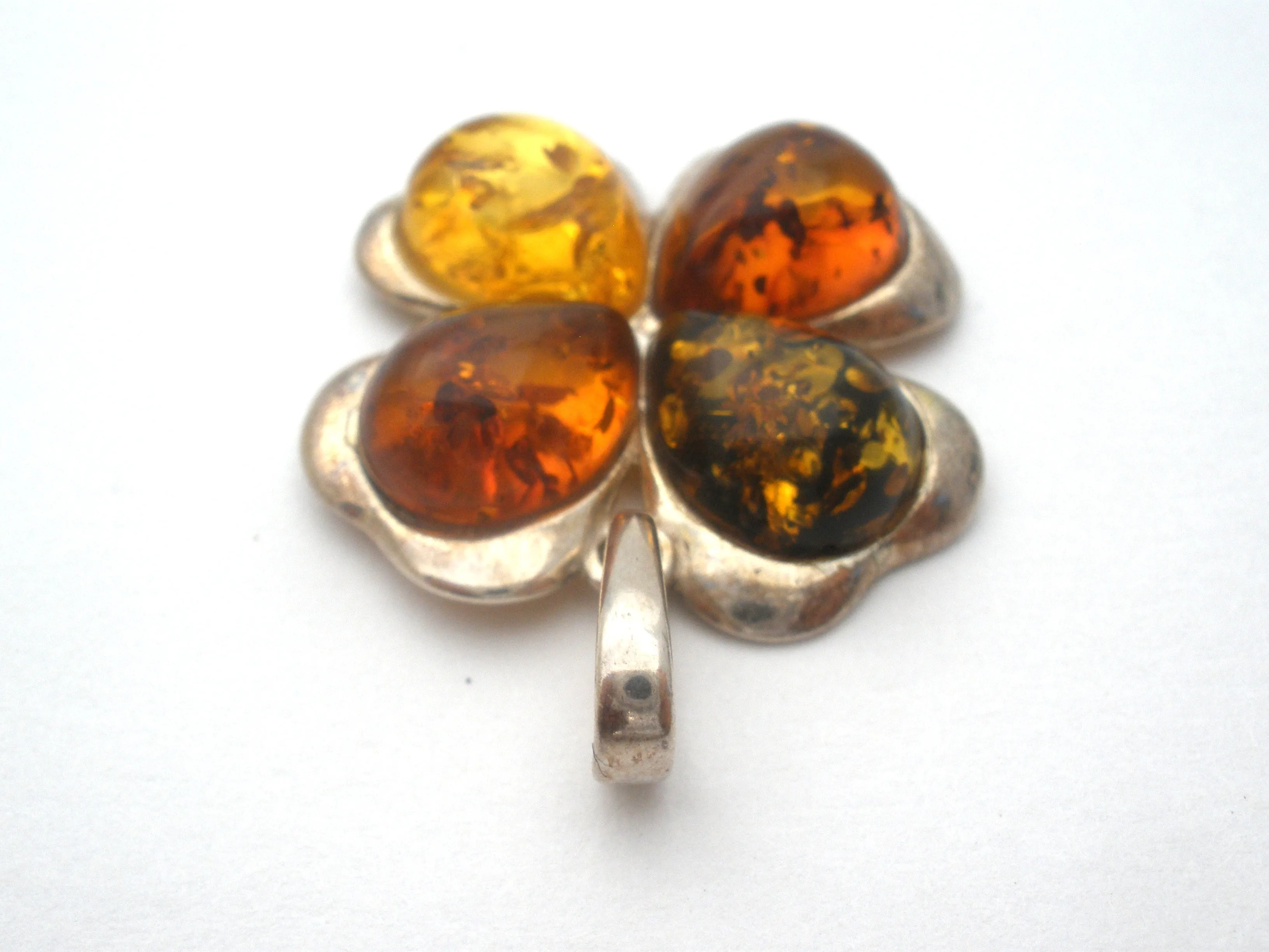 Amber Four Leaf Clover Pendant Sterling Silver