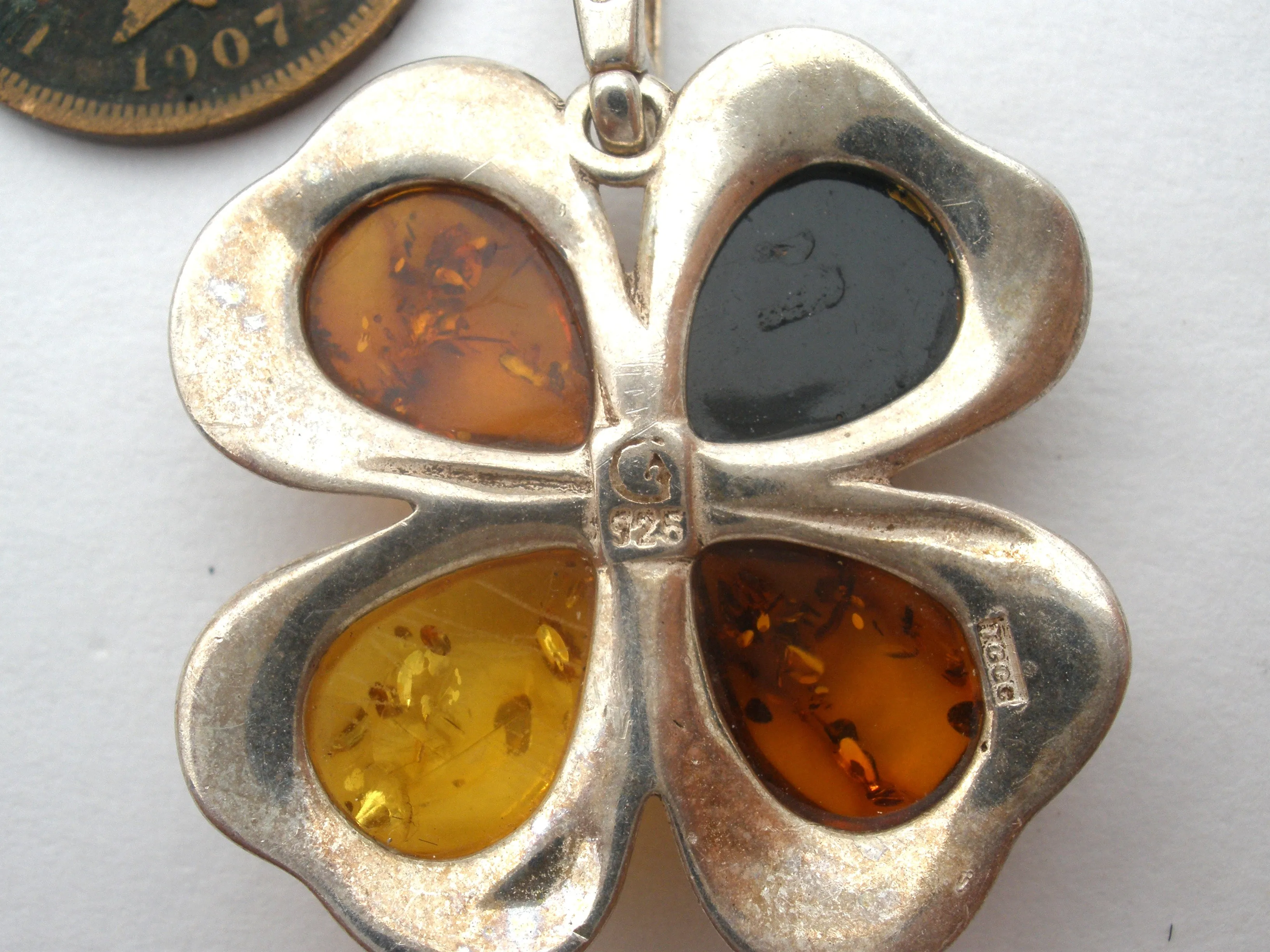 Amber Four Leaf Clover Pendant Sterling Silver