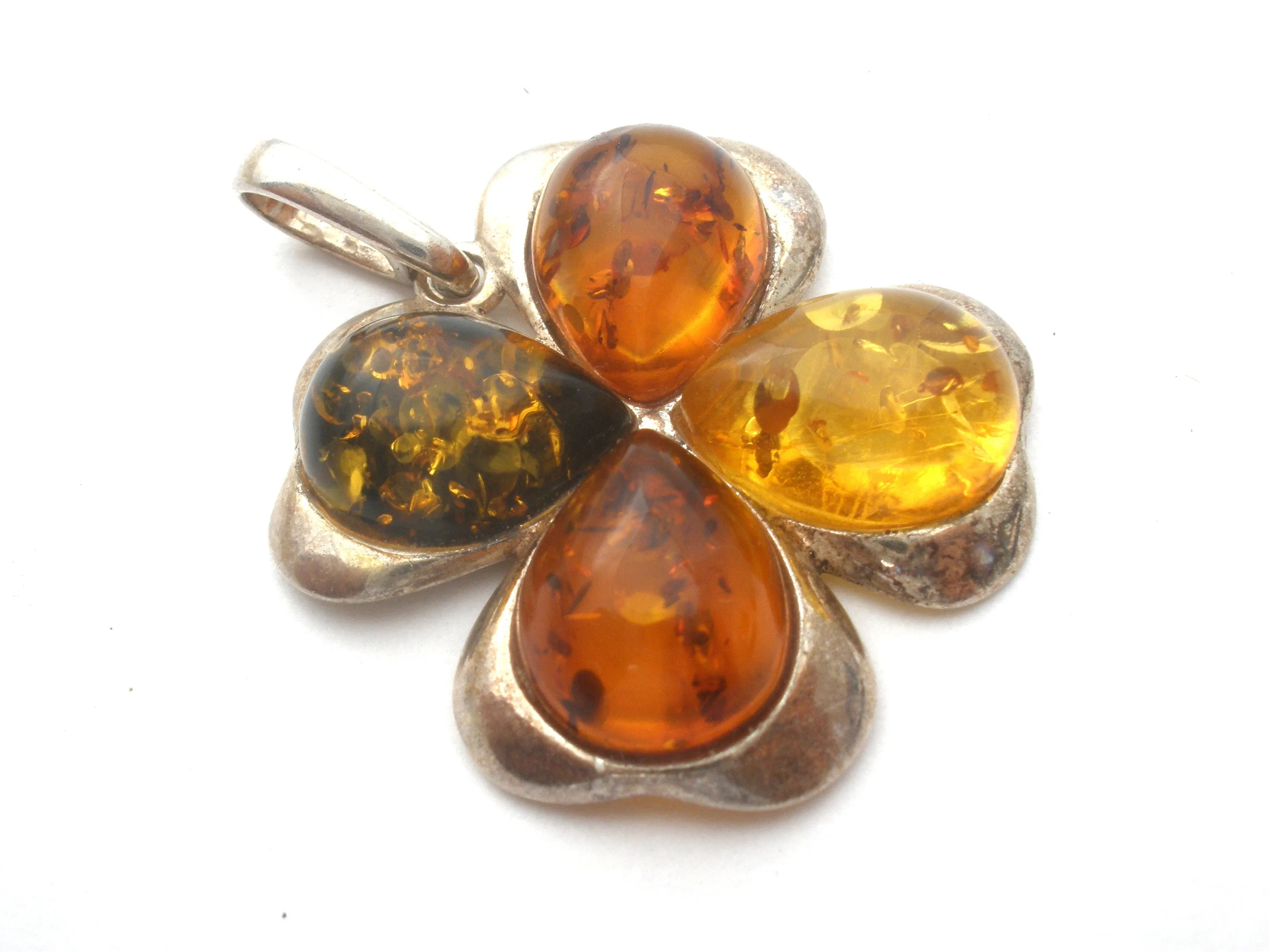 Amber Four Leaf Clover Pendant Sterling Silver