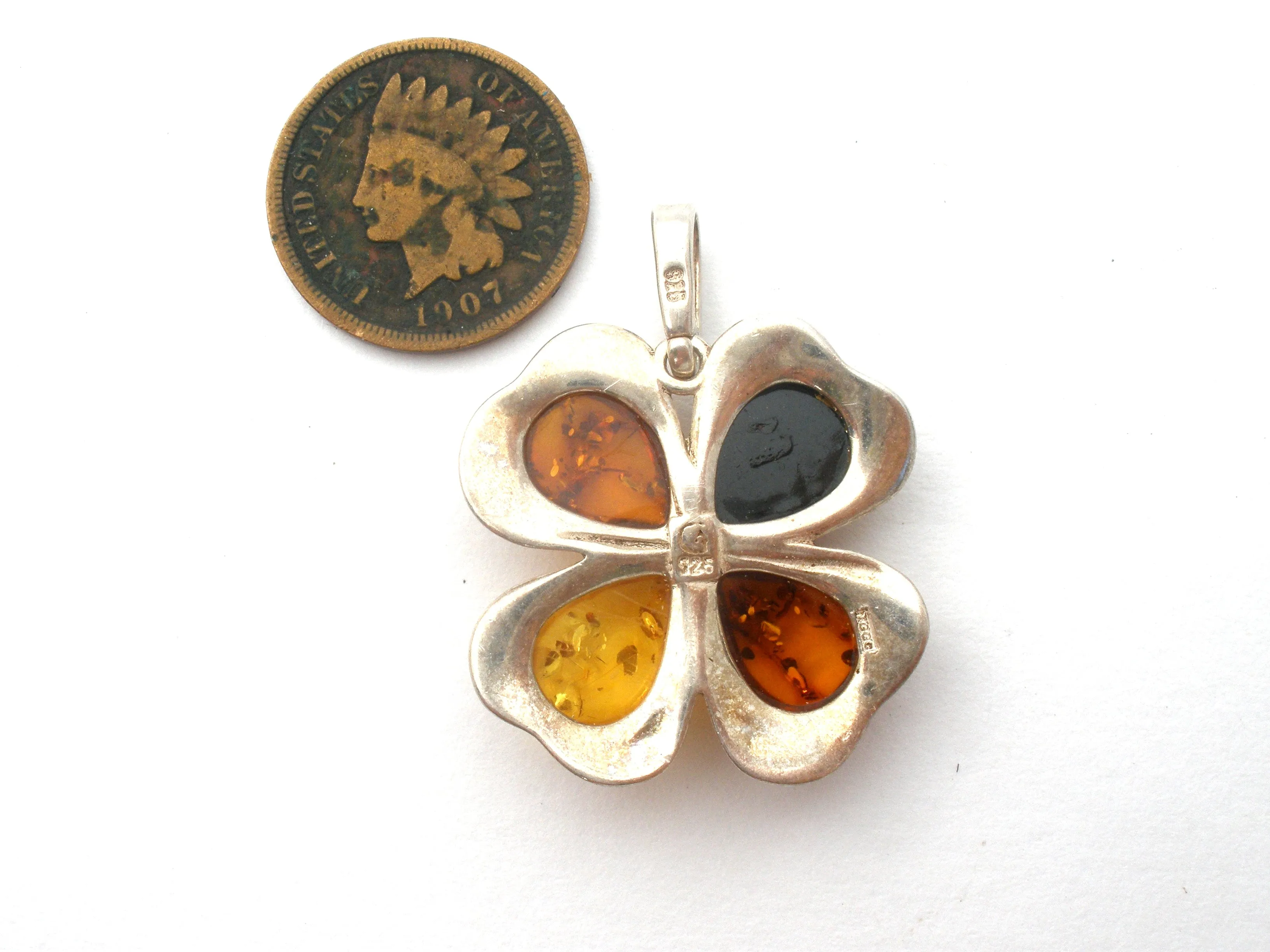 Amber Four Leaf Clover Pendant Sterling Silver