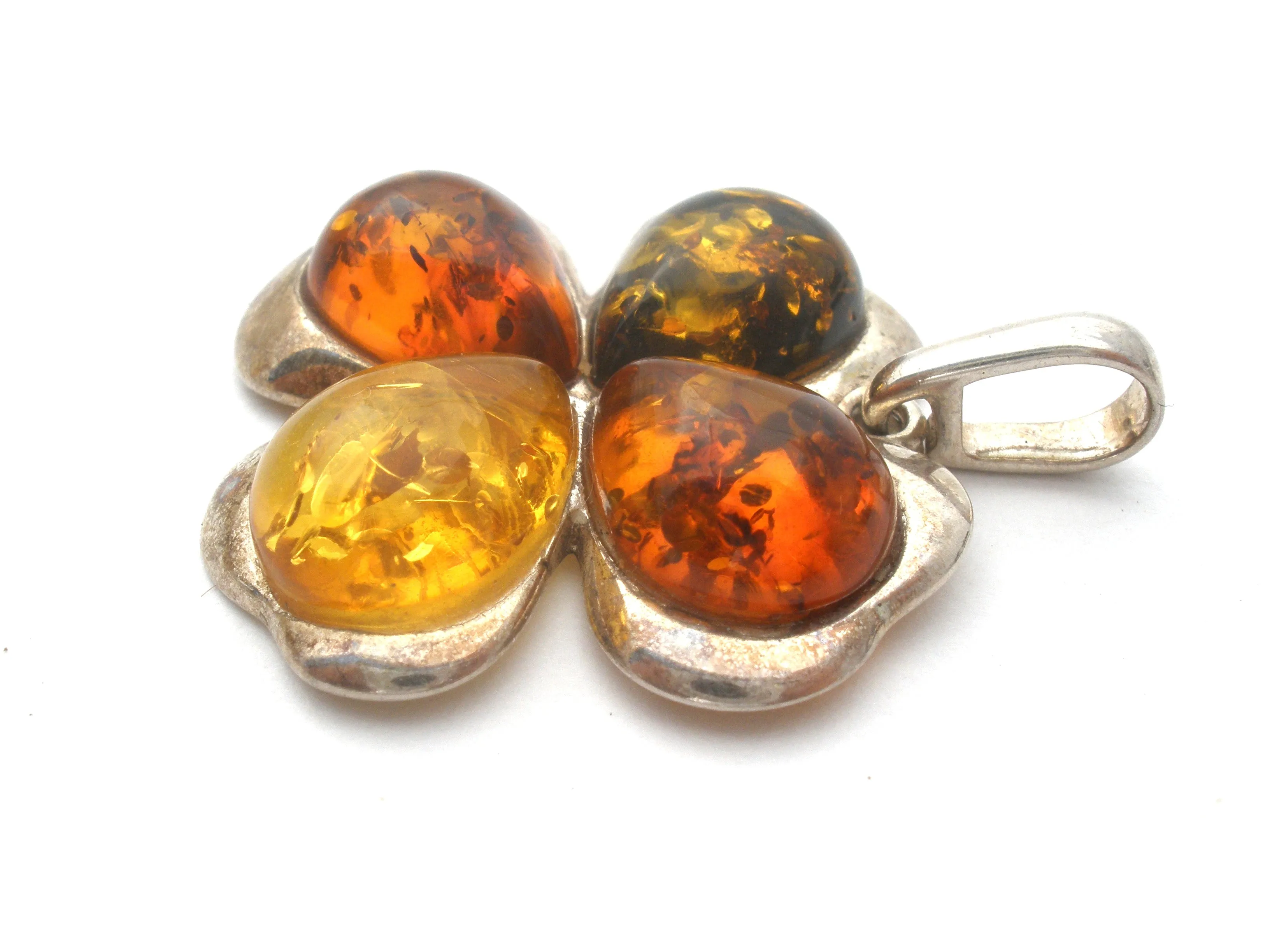 Amber Four Leaf Clover Pendant Sterling Silver