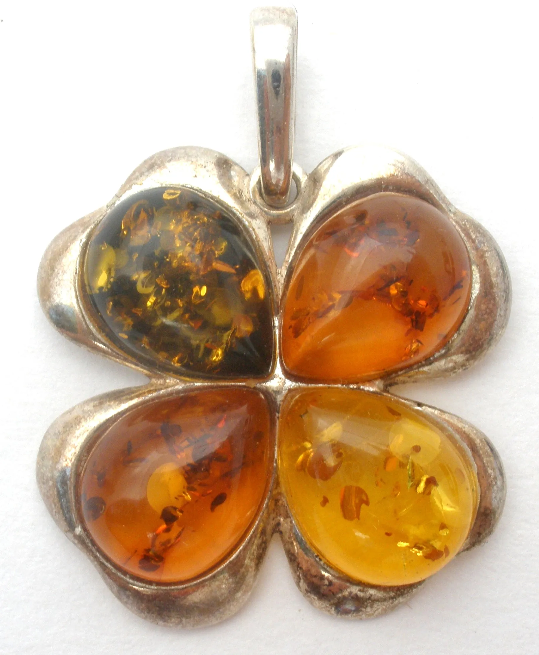 Amber Four Leaf Clover Pendant Sterling Silver