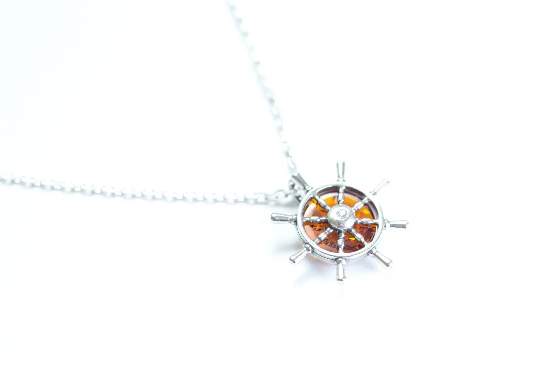 Amber Helm Charm Pendant - Nautical Amber Necklace with Sterling Silver Helm - Exquisite Maritime Jewelry