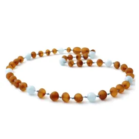 Amber Necklace Cognac Raw & Aquamarine | Baby 32cm