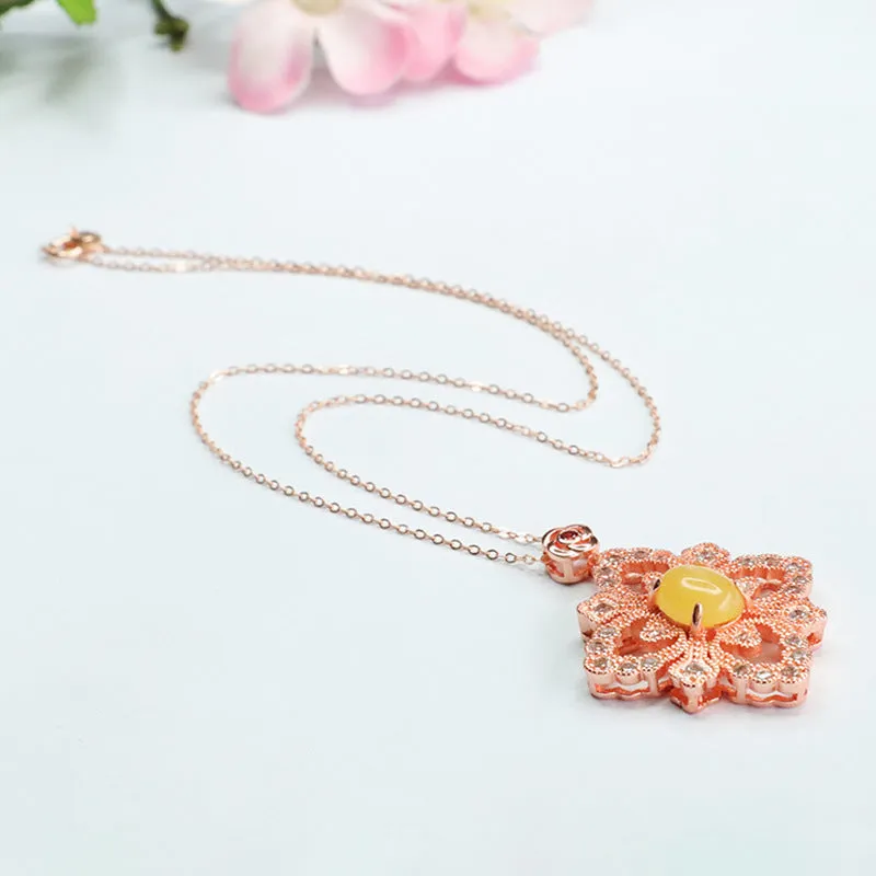 Amber Zircon Sterling Silver Flower Pendant Necklace